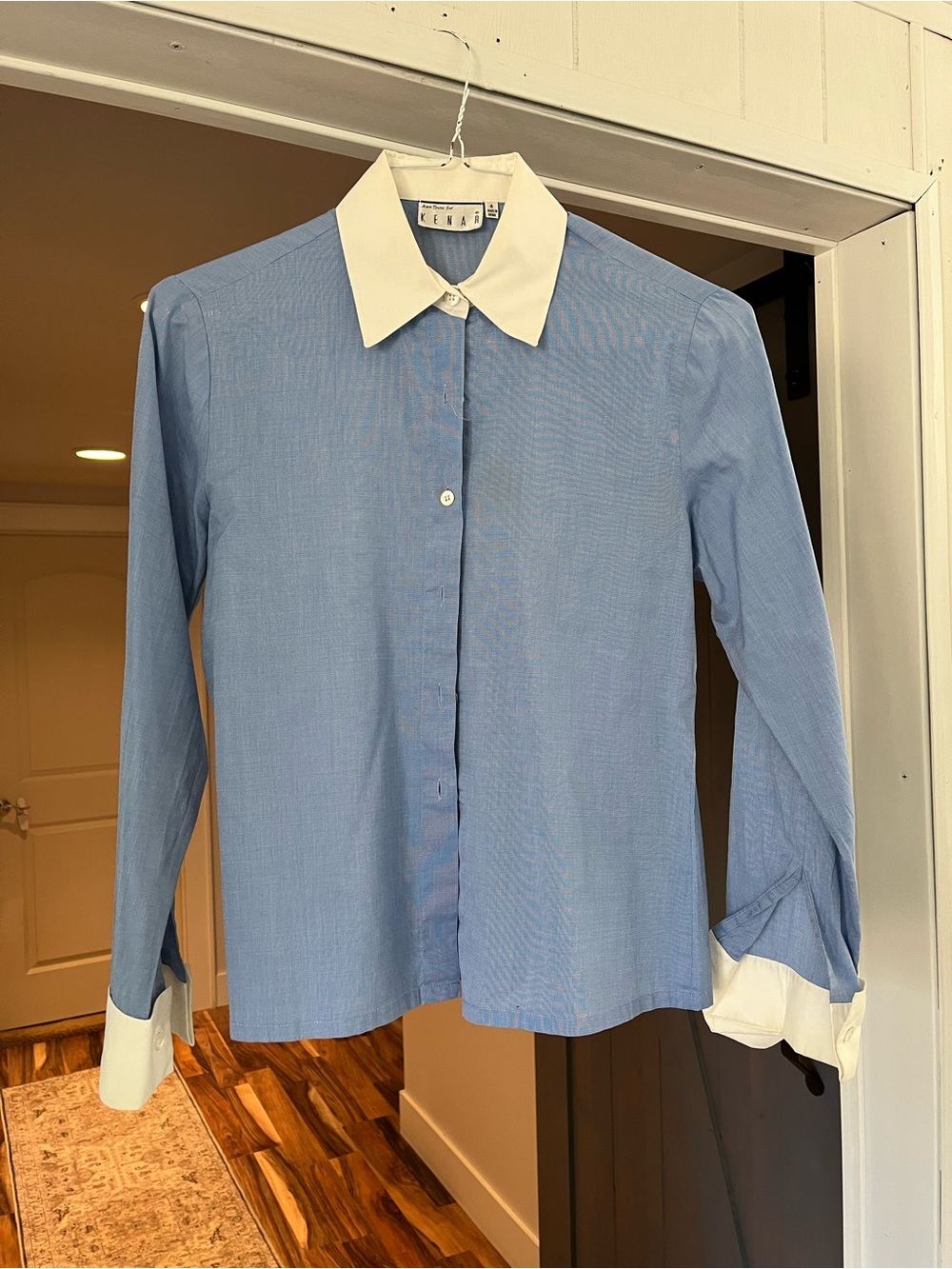 100% Cotton Kenar Blue Button-Down Shirt with White Contrast Collar and Cuffs